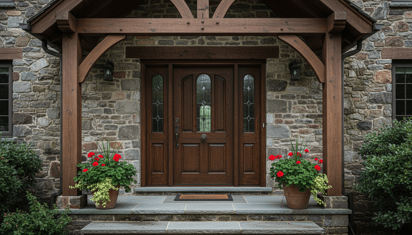 Solid wood front door with bronze hardware on a stone porch of a renovated historic house