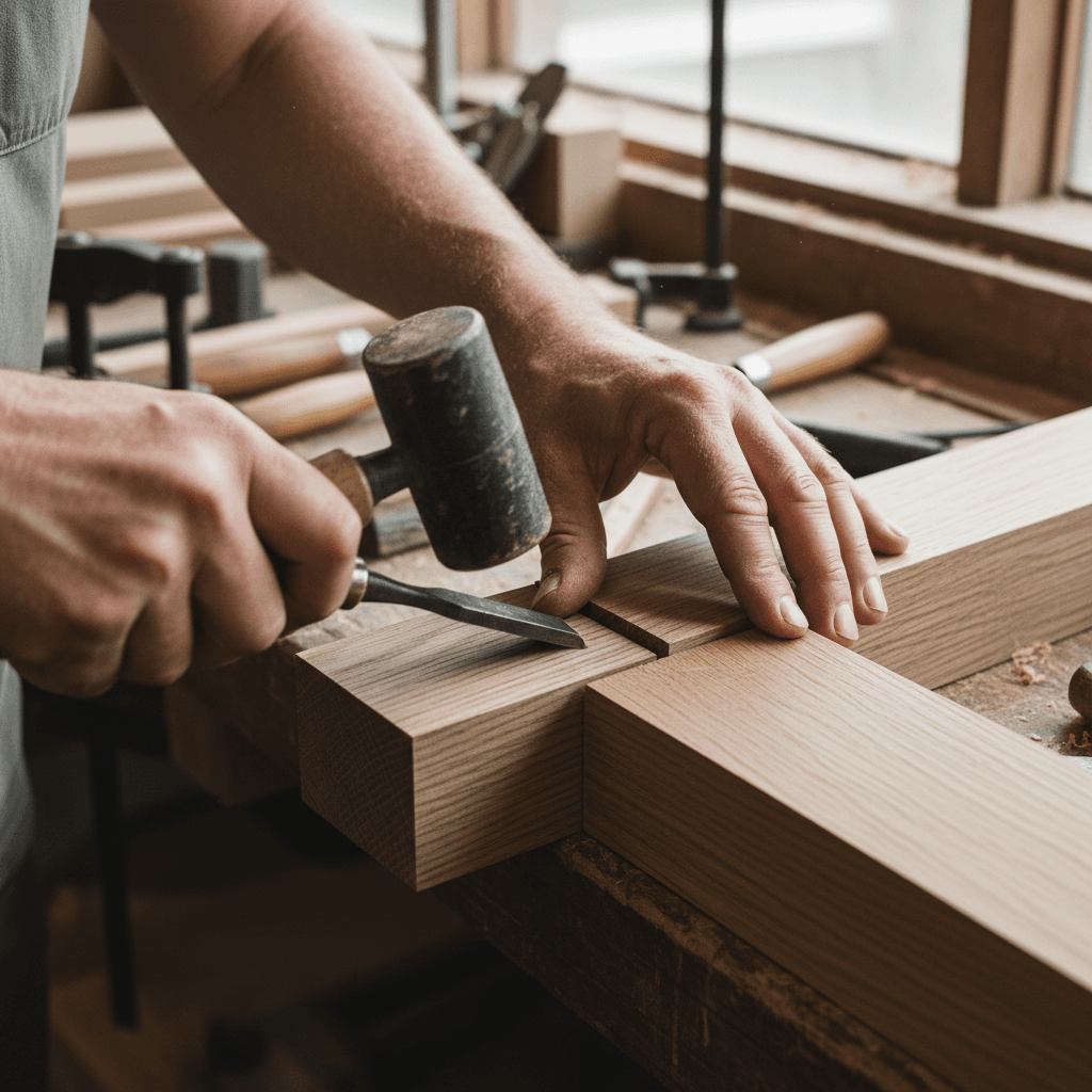 Close-up of a master joiner's hands crafting a traditional wood joint
