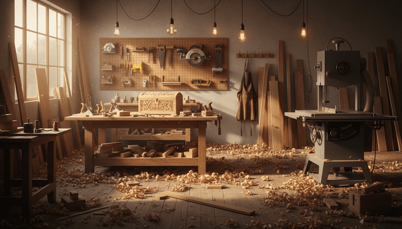 Atelier de menuiserie avec outils et copeaux de bois