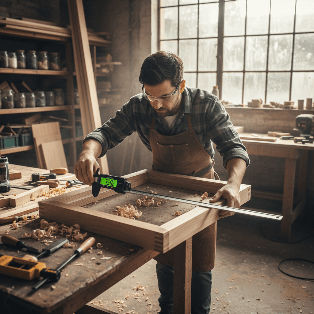 Master joiner measuring a bespoke wooden window frame in the workshop