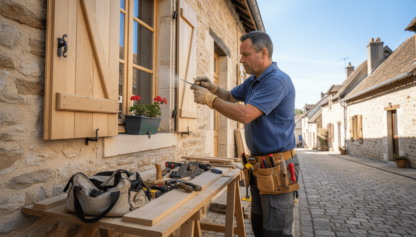 Modern carpentry workshop with multiple craftspeople working at stations, woodworking equipment, organized timber materials, and completed furniture pieces