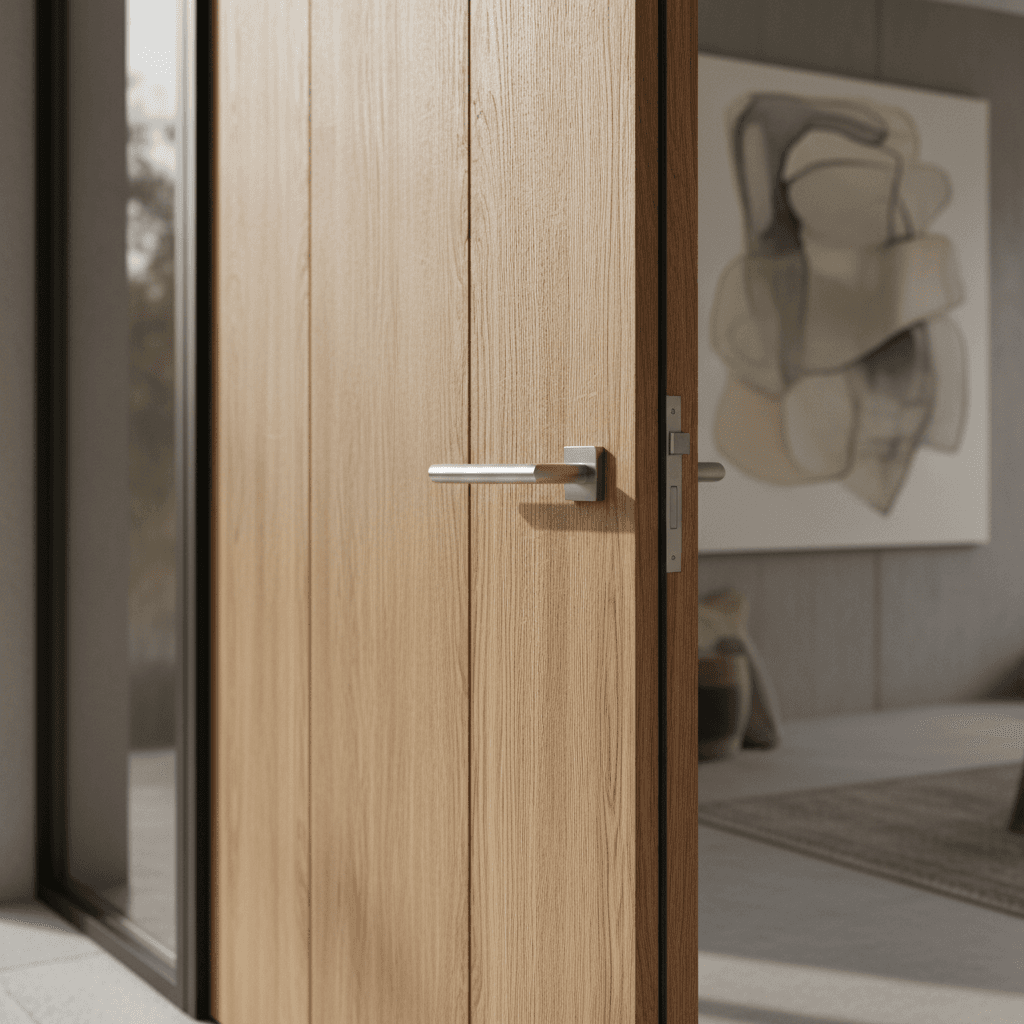 Porte d'entrée bois avec poignée, entrée chaleureuse
