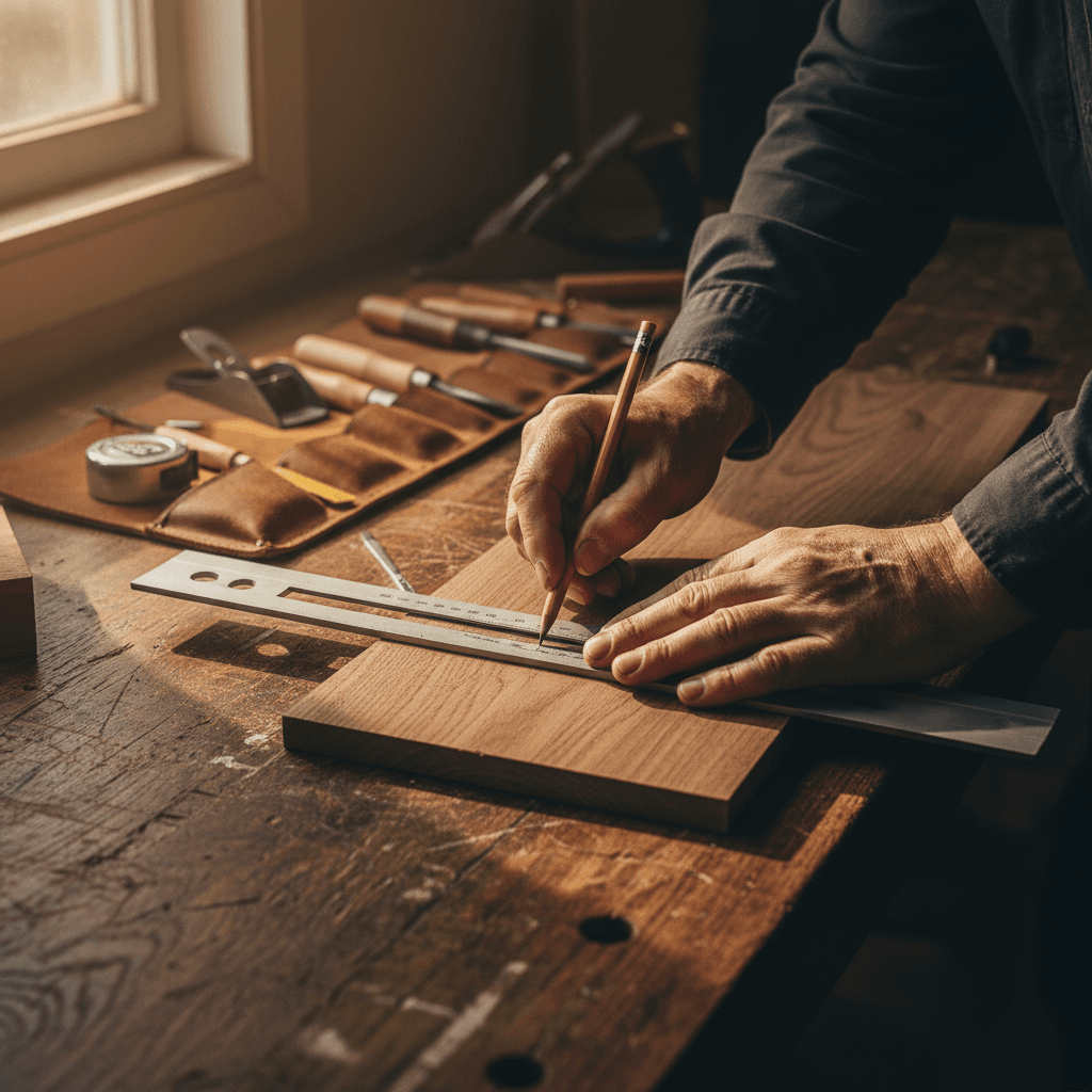Master carpenter's hands measuring hardwood with precision square in well-lit workshop with tools nearby