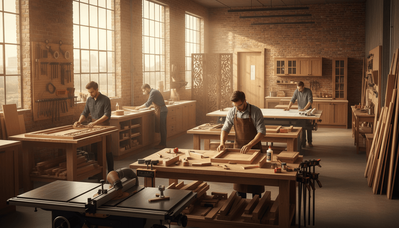 Atelier de menuiserie moderne avec établi et outils de travail du bois