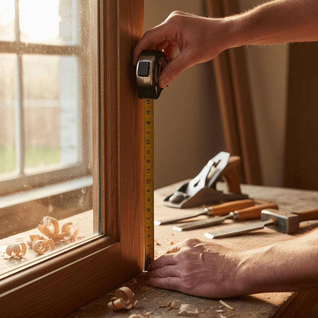Artisan menuisier mesurant un cadre de porte en bois dans son atelier