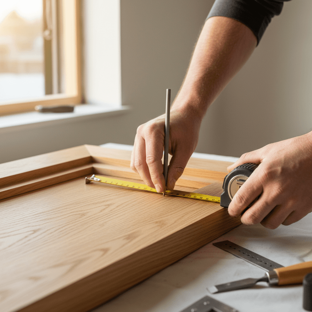 Artisan menuisier prenant des mesures sur un cadre de fenêtre en bois