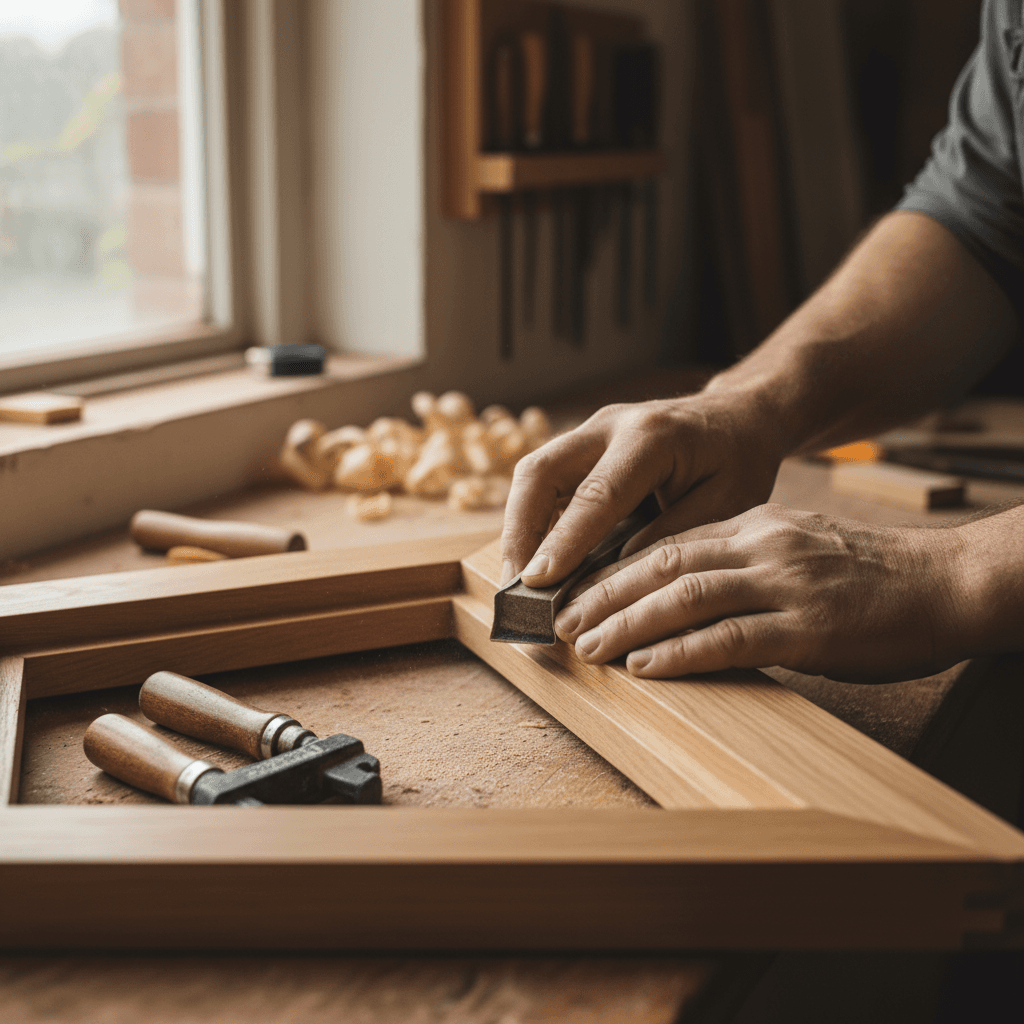 Artisan menuisier présentant une fenêtre en bois à un client dans son atelier