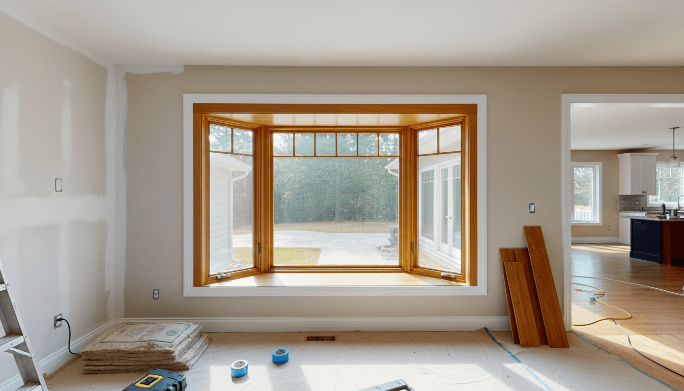 Artisan menuisier posant une grande fenêtre bois triple vitrage dans une façade pierre chaude, lumière du soir, chantier de rénovation soigné, photo réaliste.