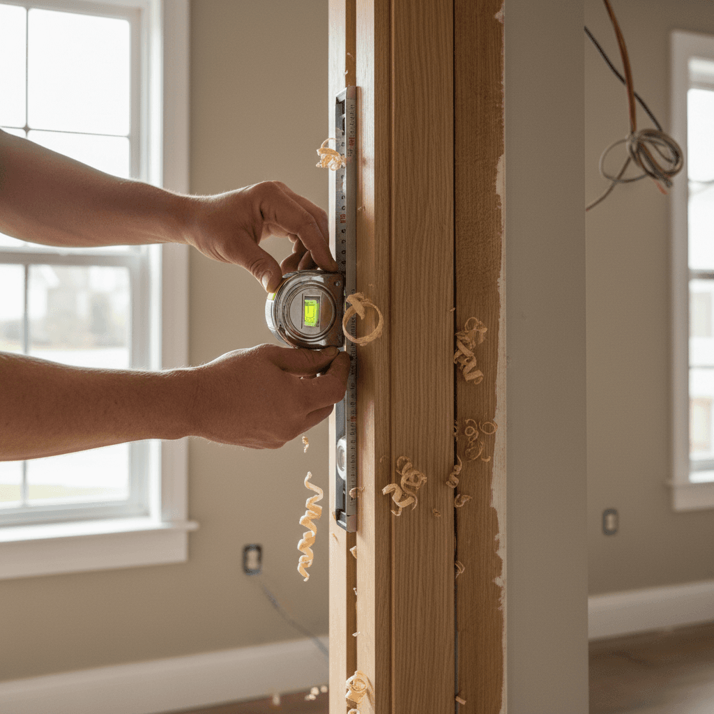 Handyman's hands installing door frame with level and measuring tools, natural window light illuminating workspace