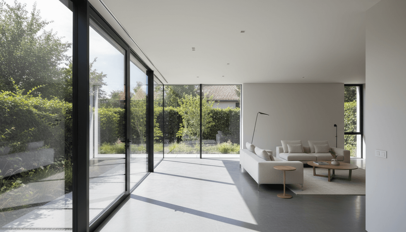 Chantier de menuiserie extérieure en France : pose de grandes fenêtres aluminium et portes vitrées sur une façade pierre claire, lumière naturelle chaude, finitions nettes, photo réaliste documentaire