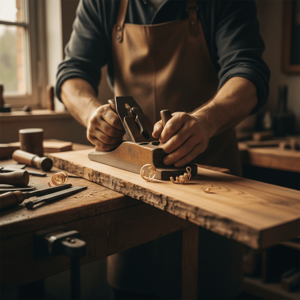 Atelier de menuiserie : menuisier ajustant un volet bois massif sur établi, copeaux clairs, outils de précision, lumière naturelle rasante, photo réaliste documentaire